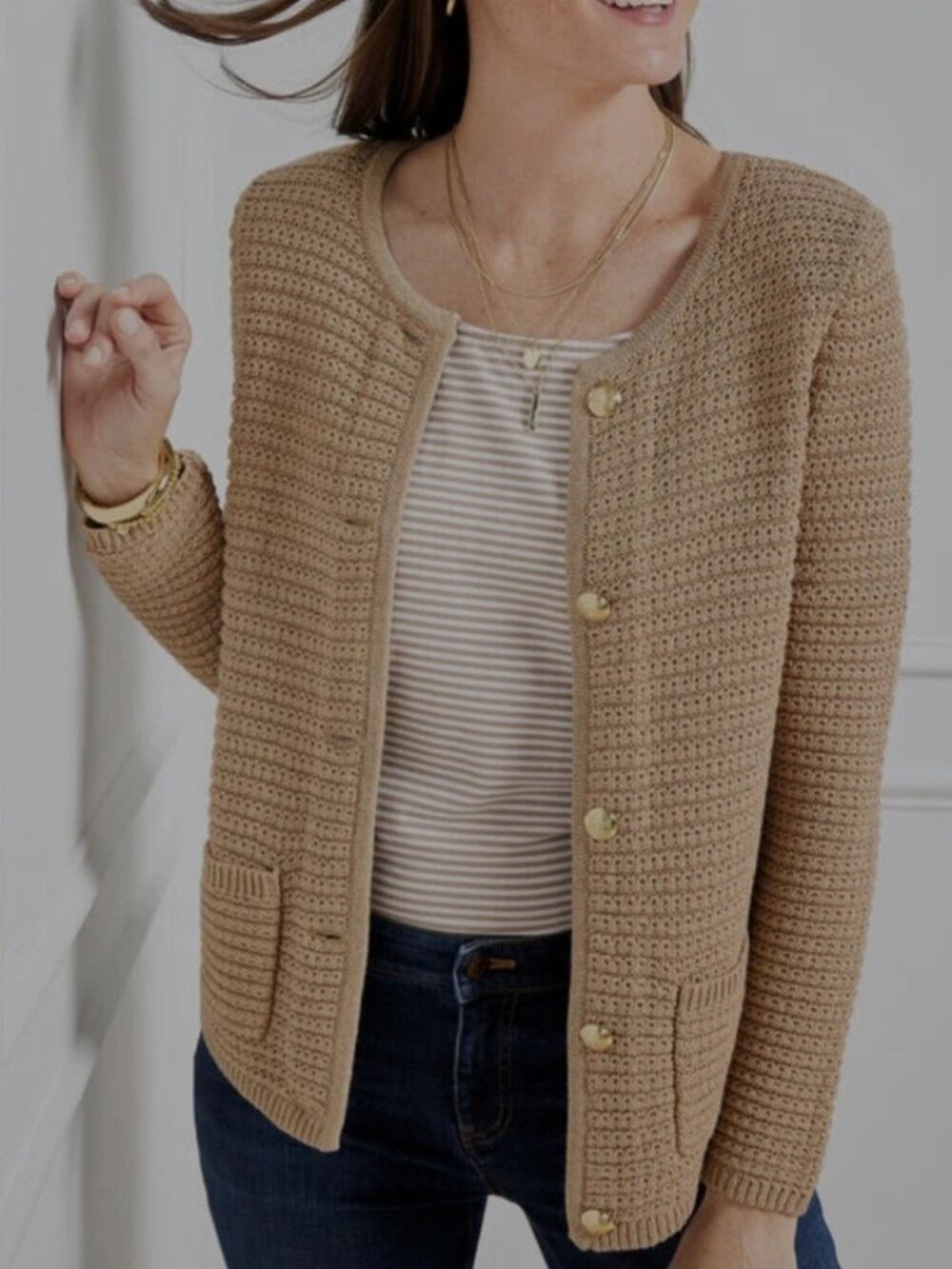 Talbots Kate Gold Metallic Thread Gold Button Pockets Cardigan
